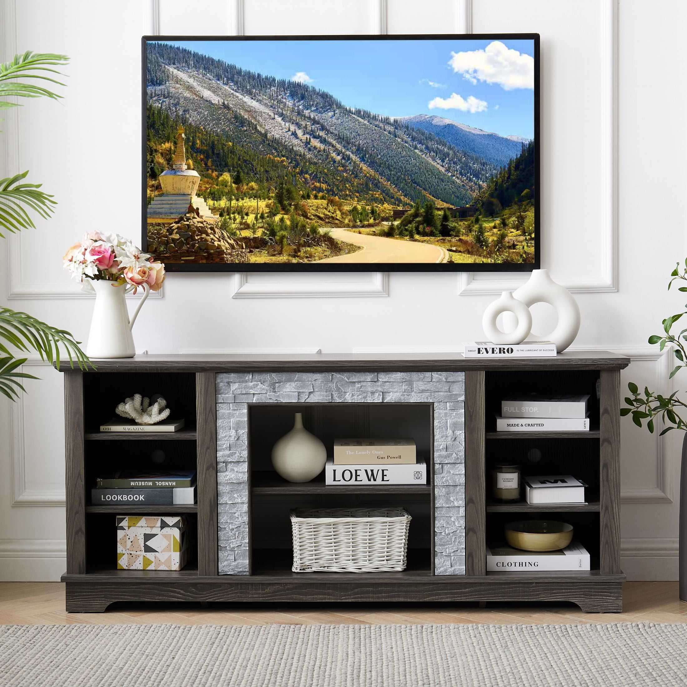 DEALTOPS Vintage TV Stand with Faux Stacked Stone Decor and Open Storage Space for TVs Up to 65'', Antique Gray