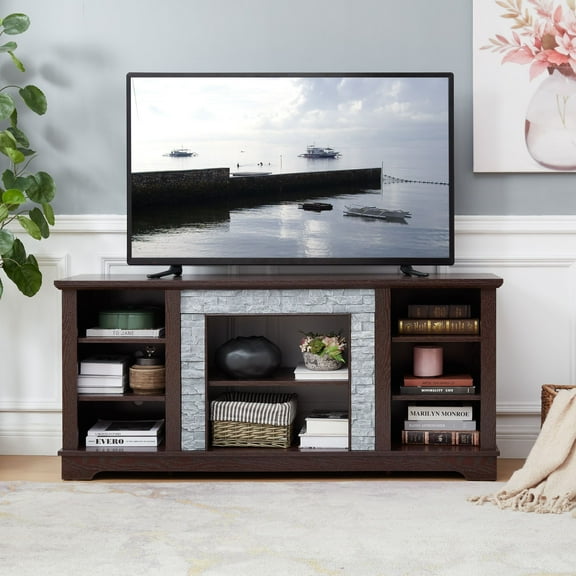 DEALTOPS Vintage TV Stand with Faux Stacked Stone Decor and Open Storage Space for TVs Up to 65'', Espresso