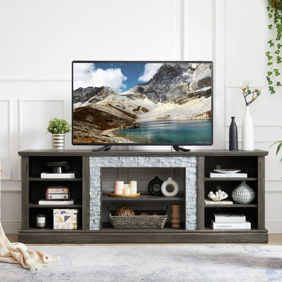 DEALTOPS Vintage TV Stand with Faux Stacked Stone Decor and Open Storage Space for TVs Up to 75'', Antique Gray