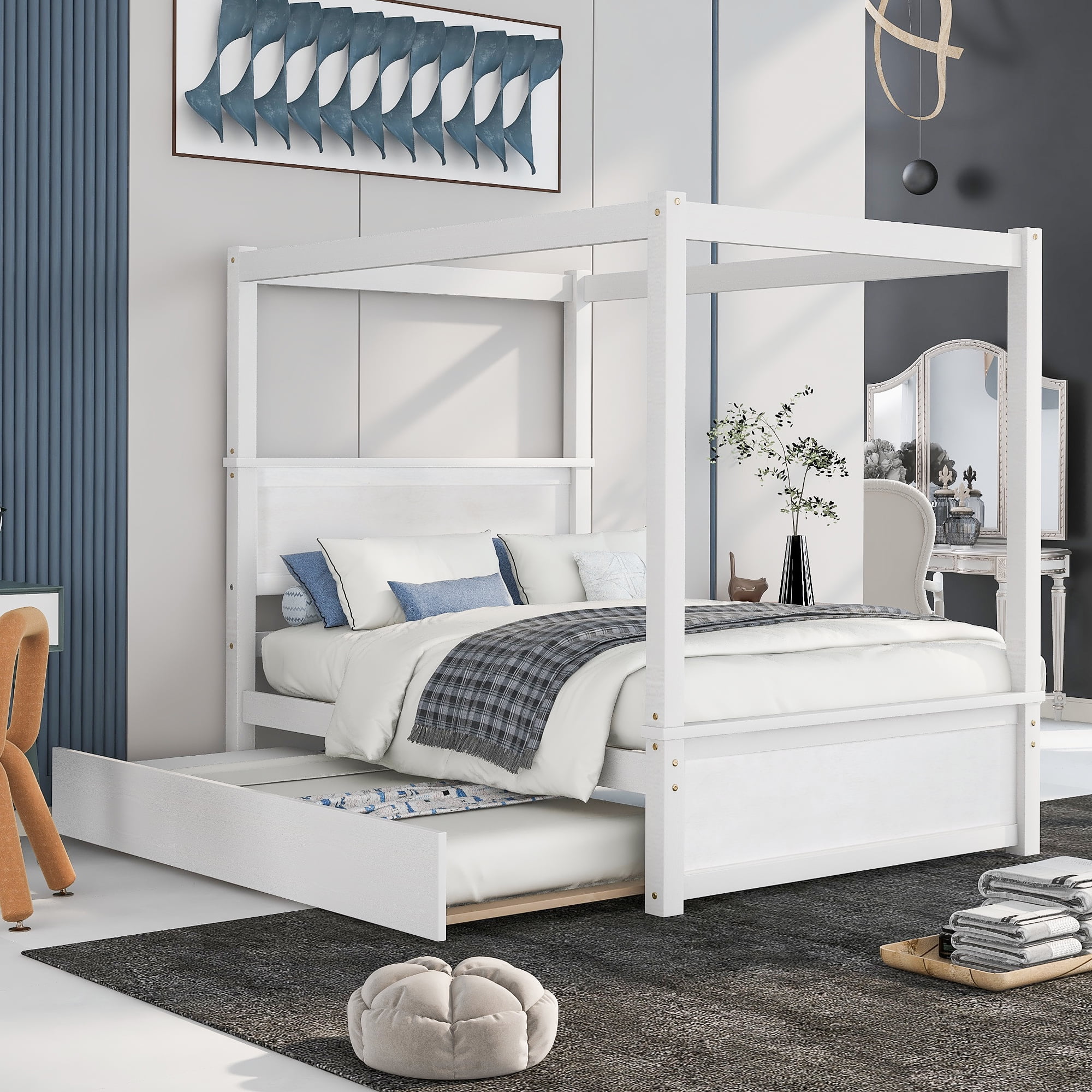 DEALTOPS Wood Canopy Platform Bed with Trundle, Full Bed Frame with Support Slats, White