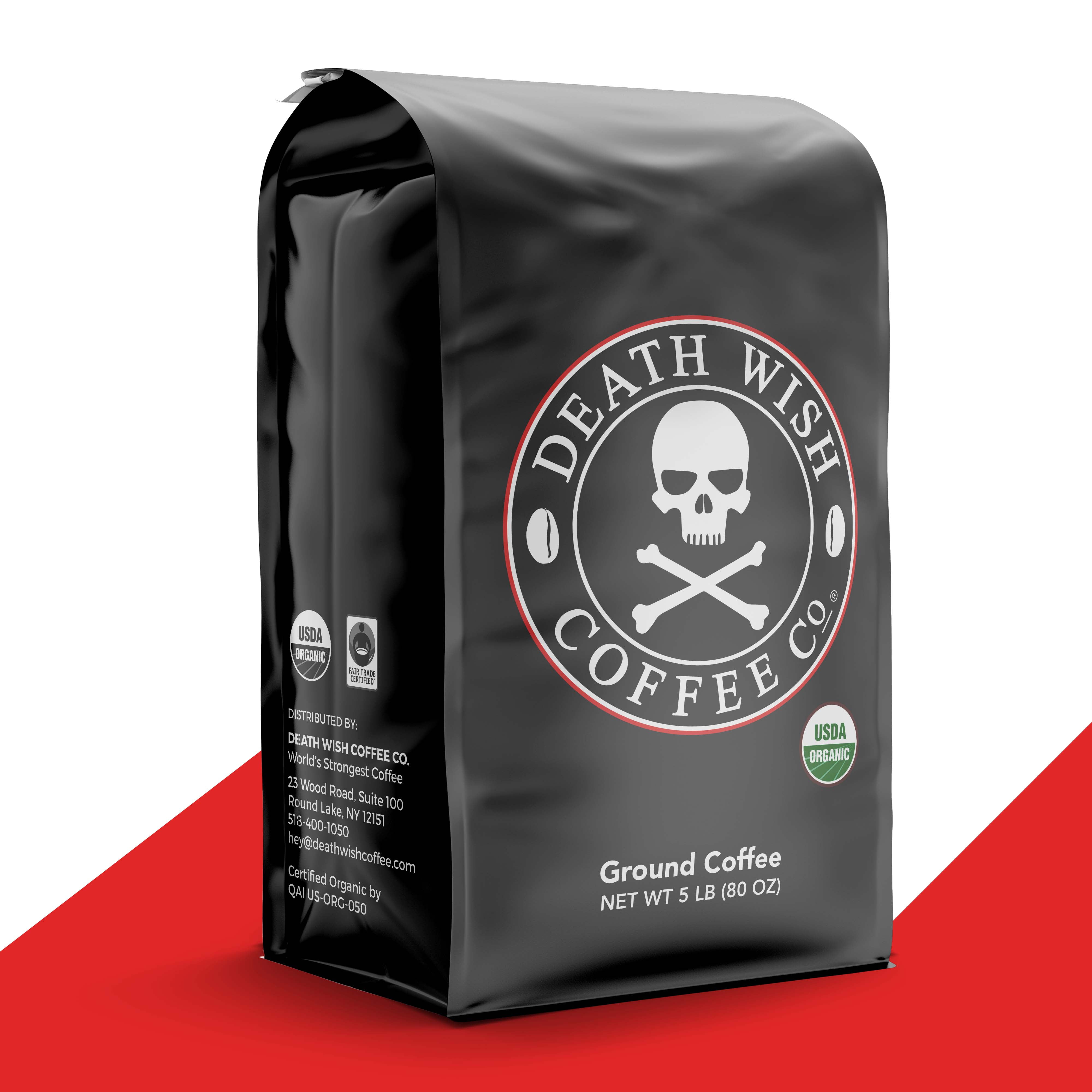 DEATH WISH COFFEE Dark Roast Coffee Grounds [5 Lbs.] The World's Strongest,  USDA Certified Organic, Fair Trade, Arabica, Robusta (1-Pack)