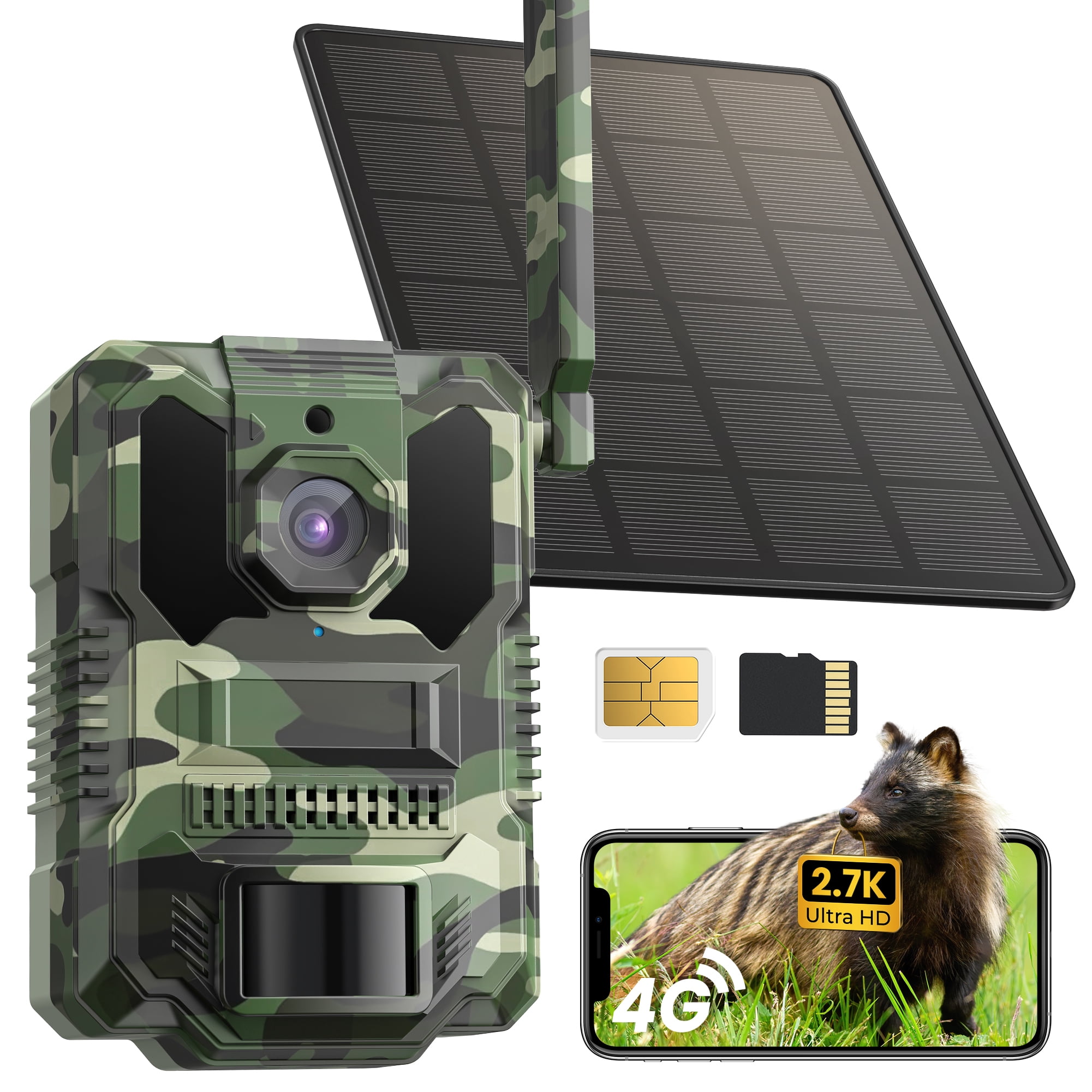 DEATTl2.7K Video Cellular Trail Camera, Game Camera with No Glow Night Vision, 64GB SD Card, No WiFiNeeded,Unlimited Data Plan,0.2s Trigger Time for Wildlife Deer Monitoring Trail Cam