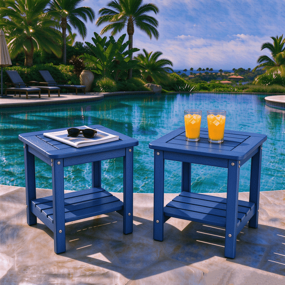 DEAUL 2‑Tier Adirondack HDPE Outdoor Side Table Set of 2, All‑Weather Blue