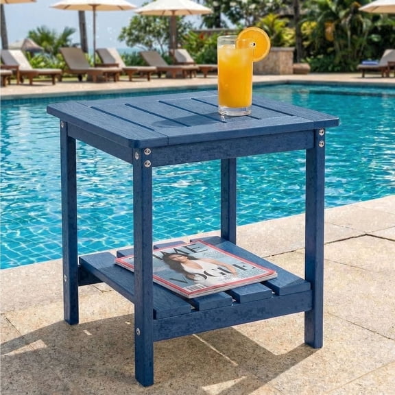 DEAUL 2 Tier Adirondack HDPE Outdoor Side Table, Square All Weather Patio End Table for Deck Garden Pool, Easy Assembly (1  Pack, Blue)