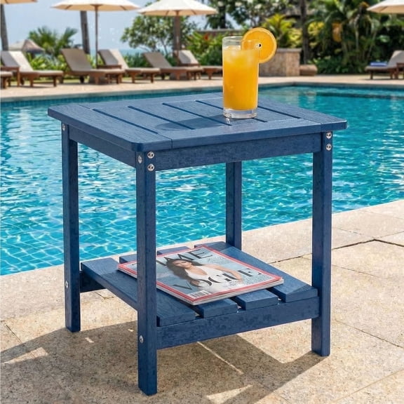 DEAUL 2 Tier Adirondack HDPE Outdoor Side Table, Square All Weather Patio End Table for Deck Garden Pool, Easy Assembly (1 Pack, Blue)