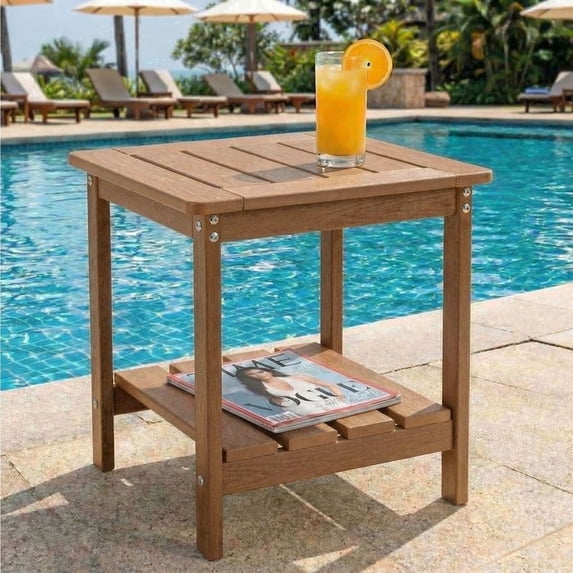 DEAUL 2 Tier Adirondack HDPE Outdoor Side Table, Square All Weather Patio End Table for Deck Garden Pool, Easy Assembly (1 Pc/pack, Teak)