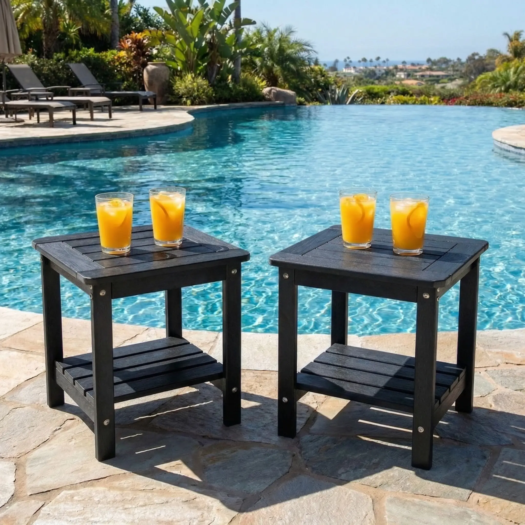 DEAUL 2 Tier Adirondack HDPE Outdoor Side Table, Square All Weather Patio End Table For Deck Garden Pool, Easy Assembly, (2 Pcs/pack, Black)