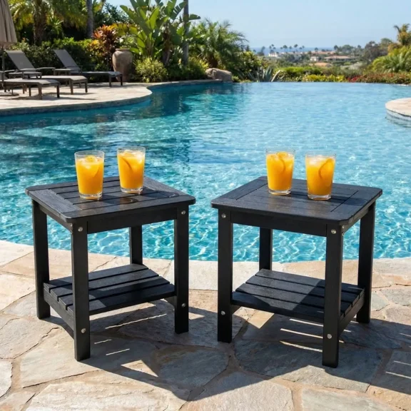 DEAUL 2-Tier Adirondack Outdoor Side Table, Weather-Resistant HDPE Square Patio End Table, All-Weather Outdoor Furniture for Deck, Garden, Poolside, Easy Assembly(2 PCS/Pack, Black)