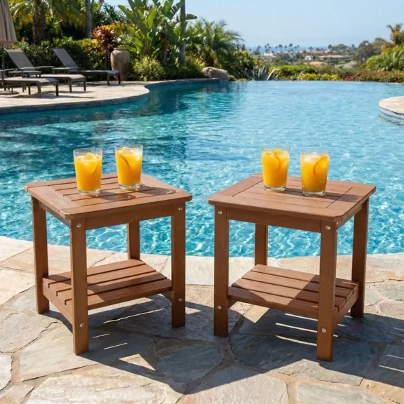 DEAUL 2 Tier Adirondack HDPE Outdoor Side Table, Square All Weather Patio End Table For Deck Garden Pool, Easy Assembly, (2 Pcs/pack, Teak)