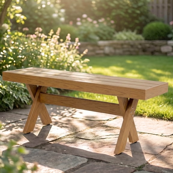 DEAUL 44.5" HIPS Outdoor Bench, X-Shaped Backless Garden Bench, All Weather Patio Seating, Easy Assembly for Garden, Porch & Park-Wood-Grain Teak