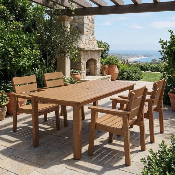 DEAUL 5-Piece Outdoor Dining Set, All-Weather HIPS Patio Table & 4 Chairs with Umbrella Hole, Outdoor Furniture for Garden Backyard Deck(Teak)