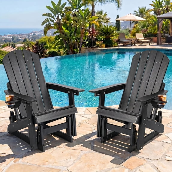 DEAUL Outdoor HDPE Adirondack Chair Set of 2, 3-Position Adjustable Backrest Patio Glider Rocker, All-Weather Heavy Duty Rocking Chair for Pool, Yard, Deck, Black (2 PCS)