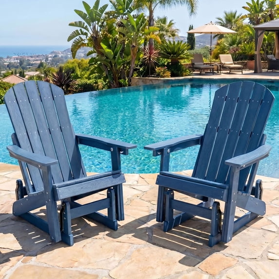 DEAUL Outdoor HDPE Adirondack Chair Set of 2, 3-Position Adjustable Backrest Patio Glider Rocker, All-Weather Heavy Duty Rocking Chair for Pool, Yard, Deck, Blue (2 PCS)
