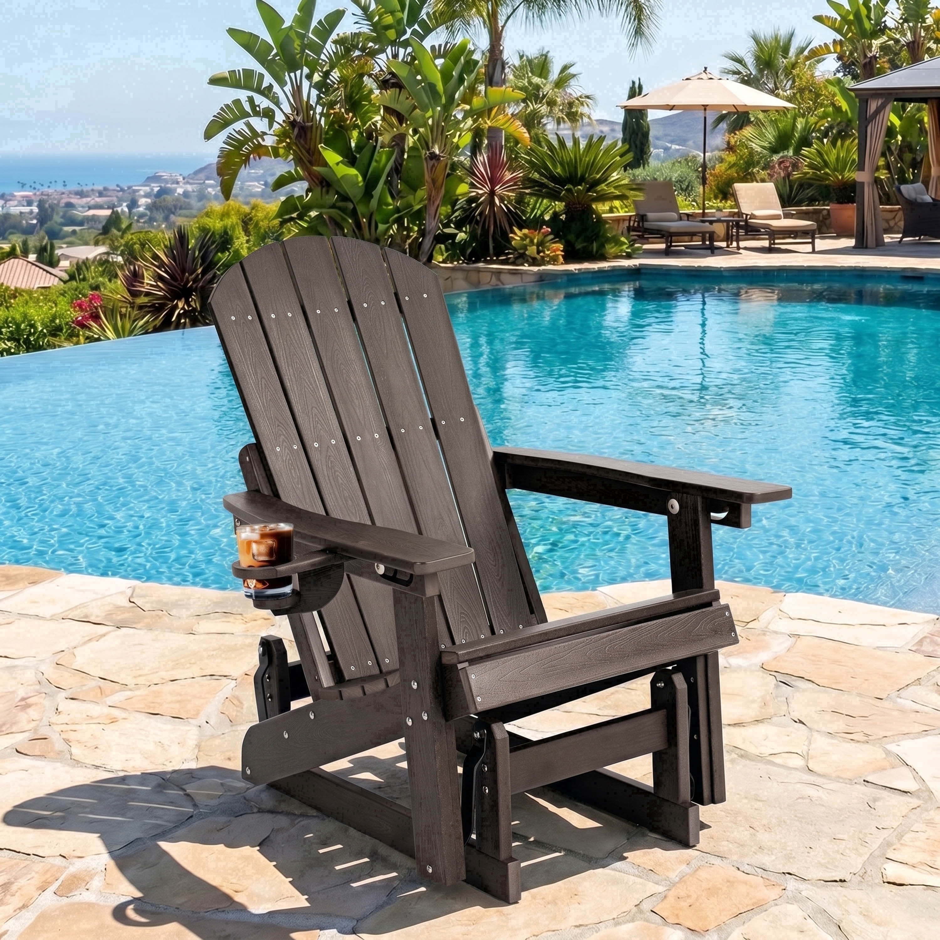 DEAUL HDPE Adirondack Outdoor Glider Chair, 3-Position Adjustable Backrest Patio Glider, All-Weather Heavy Duty Chair for Pool, Yard, Coffee Brown (1 PC)