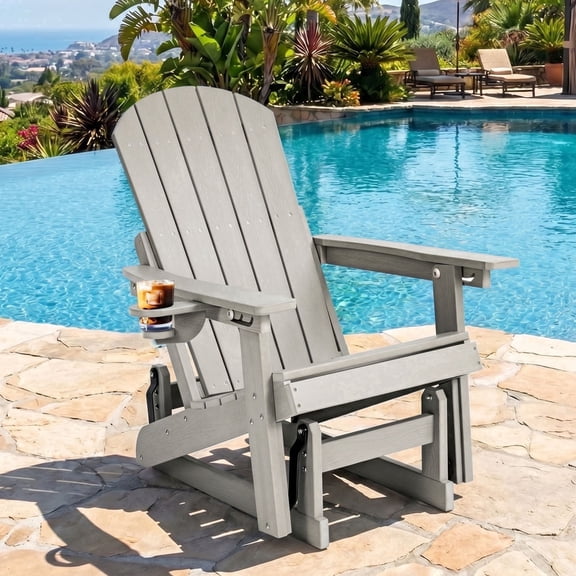 DEAUL HDPE Adirondack Outdoor Glider Chair, 3-Position Adjustable Backrest Patio Glider, All-Weather Heavy Duty Chair for Pool, Yard, Gray (1 PC)