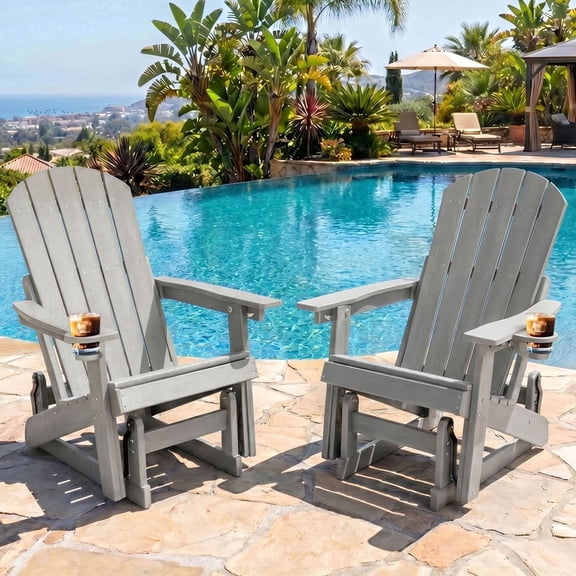DEAUL HDPE Adirondack Outdoor Glider Chair, 3-Position Adjustable Backrest Patio Glider Rocker, All-Weather Heavy Duty Rocking Chair for Pool, Yard,  Gray (2 PCS )
