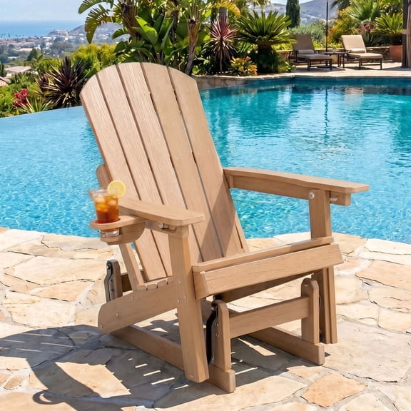 DEAUL HDPE Adirondack Outdoor Glider Chair, 3-Position Adjustable Backrest All-Weather Heavy Duty Glider Chair for Pool, Teak (1 PC)