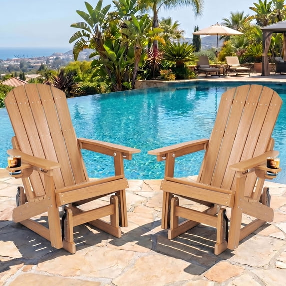 DEAUL Outdoor HDPE Adirondack Chair Set of 2, 3-Position Adjustable Backrest Patio Glider Rocker, All-Weather Heavy Duty Rocking Chair for Pool, Yard, Deck, Teak (2 PCS)