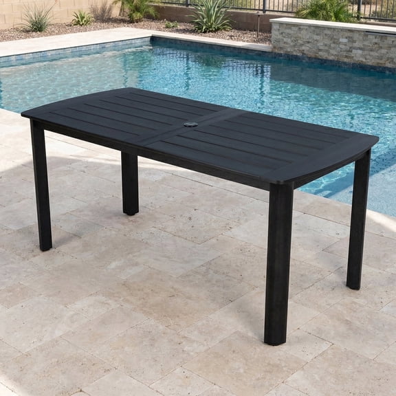 DEAUL Outdoor Rectangle Dining Table, 67" Rounded Edge All-Weather HIPS Table for 6 with Umbrella Hole, Furniture for Garden Poolside Backyard (Black)