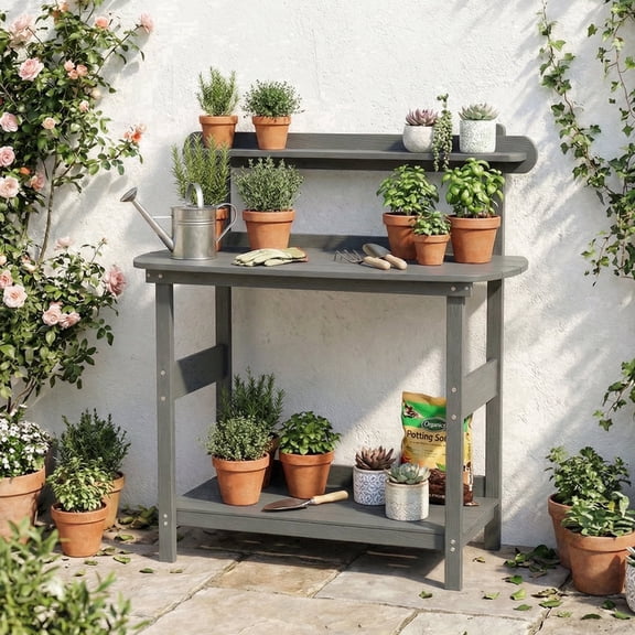 DEAUL Potting Bench Table with 3-Tier Storage, Heavy Duty All-Weather Curved Edges Gardening Table for Patio Backyard Garden, Easy Assembly (Gray)
