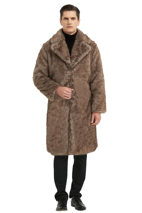 Men Lapel Shawl Faux Fox Fur Coat Warm Side Pockets Overcoat Open Front Outerwear for Office Work Brown 4XL