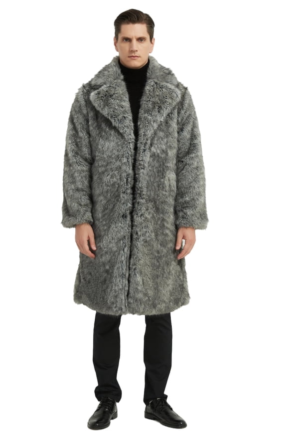 Men Lapel Shawl Faux Fox Fur Coat Warm Side Pockets Overcoat Open Front Outerwear for Office Work Grey S