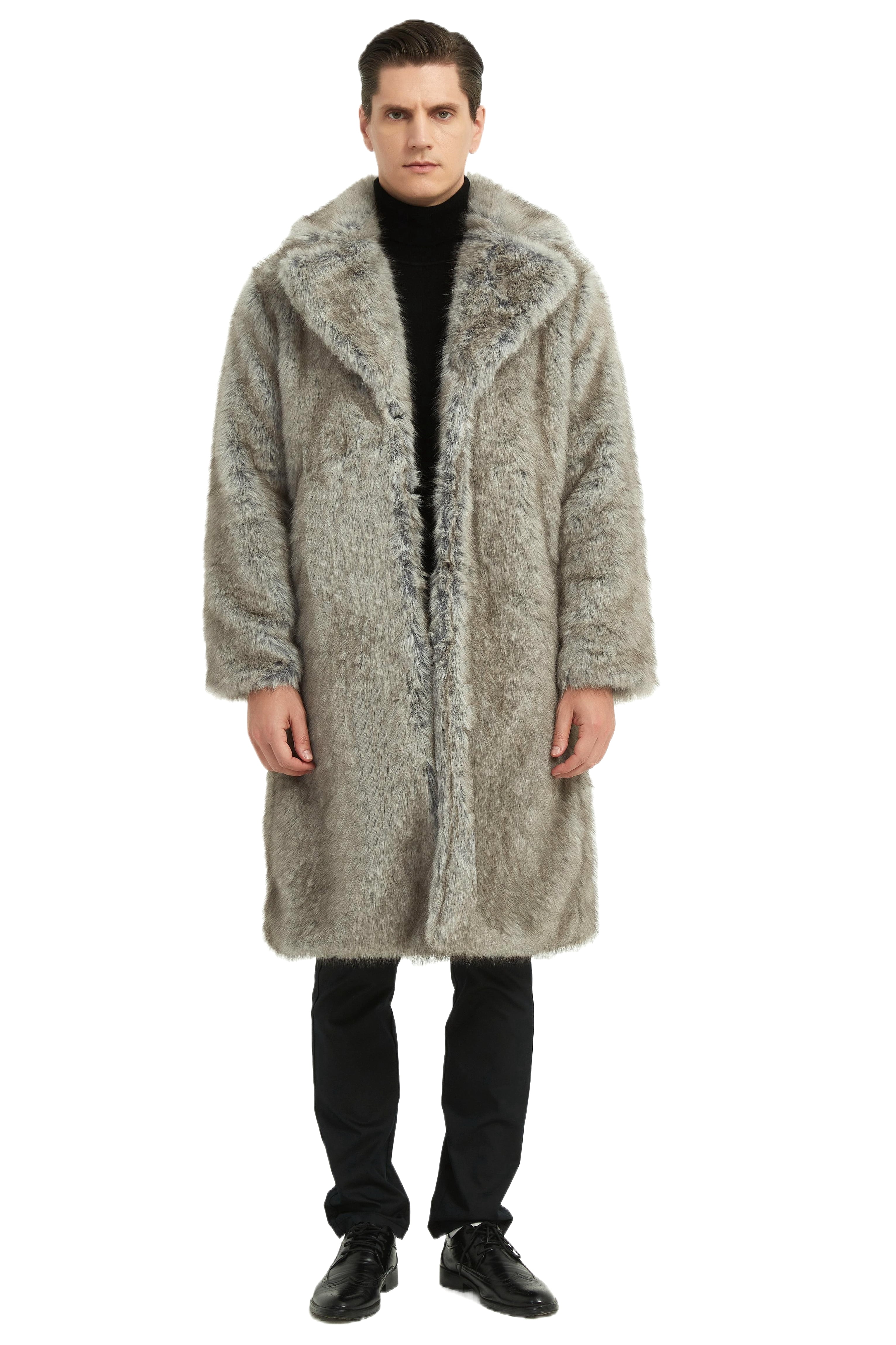 DEBIMY Men Lapel Shawl Faux Fox Fur Coat Warm Side Pockets Overcoat ...