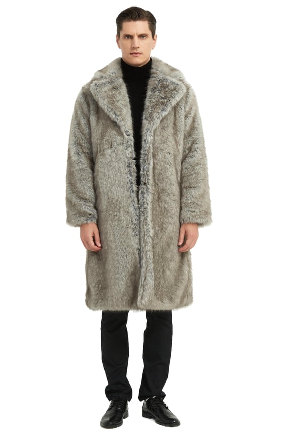 Men Lapel Shawl Faux Fox Fur Coat Warm Side Pockets Overcoat Open Front Outerwear for Office Work Light Grey XXL