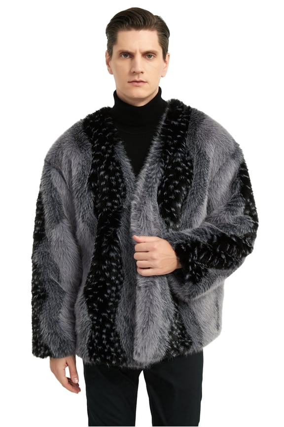 Men Luxury Faux Fox Fur Coat V-neck Open Front Jacket Long Sleeve Warm Overcoat for Winter Grey 3XL