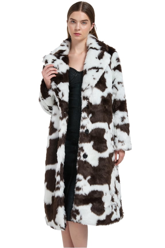 Women Cow Print Faux Fur Overcoat Lapel Shawl Buttons Coat with Side Pockets Shopping Street Wear Black White 3XL