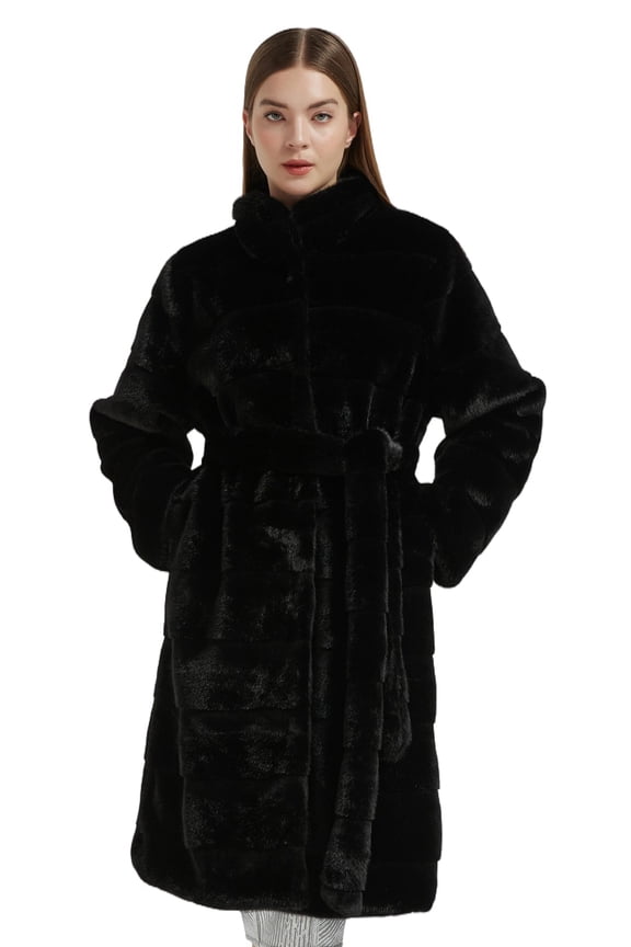Women Fluffy Faux Mink Fur Coat with Detachable Belt High Neck Midi Length Overcoat Winter Outwear Black XL