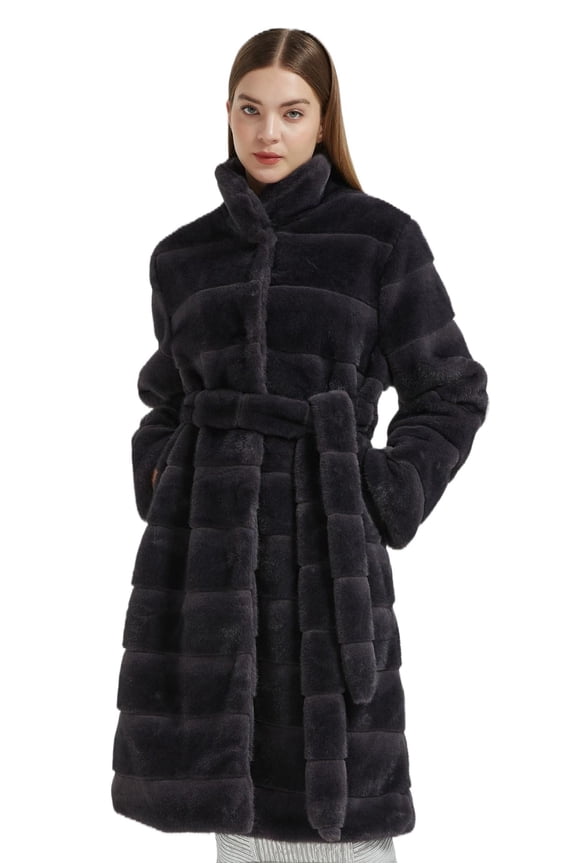 Women Fluffy Faux Mink Fur Coat with Detachable Belt High Neck Midi Length Overcoat Winter Outwear Indigo L