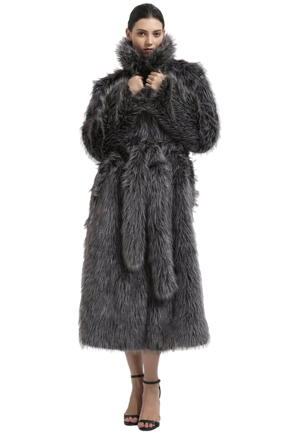 Women Luxury Faux Fox Fur Coat Tip-Dyed Lapel Shawl Overcoat Calf-Length Outer Wear with Pockets Belt Black Grey S