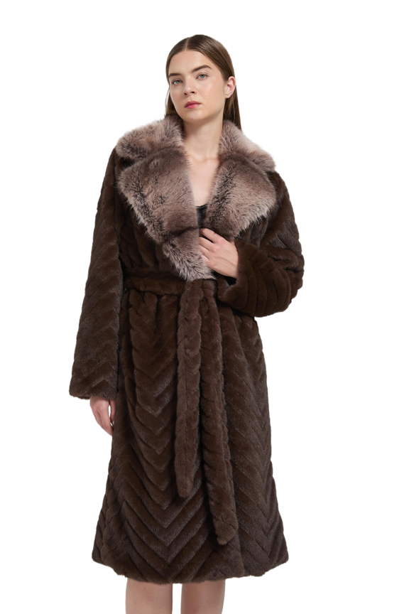 Women Plush Lapel Collar Faux Fur Coat Open Front Knee Length Outerwear Warm Pockets Belt Overcoat for Street Walk Grey M