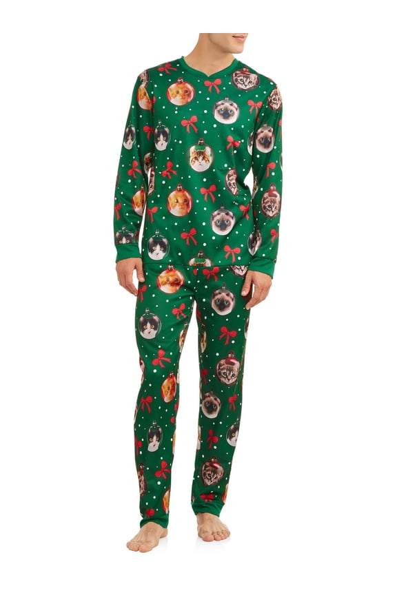 Men's Green Kitty Cat Christmas Sleepwear Sets