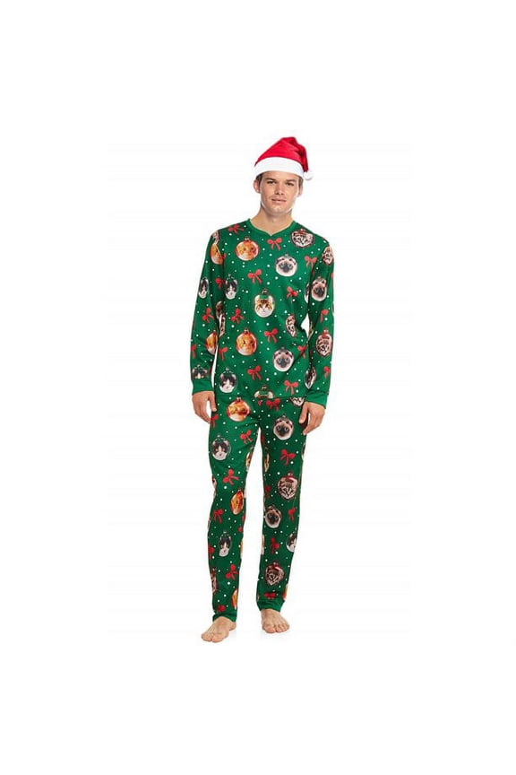 Men's Lighted Cat Ugly Christmas with Santa Hat Sleepwear Set, Green