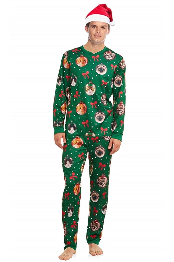 Men's Lighted Cat Ugly Christmas Sweater Union Suit Pajamas With Santa Hat, Green