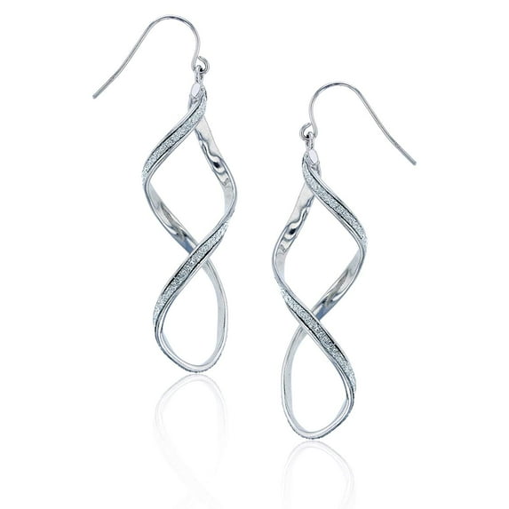 DECADENCE Sterling Silver Rhodium Polished Dangling Glitter Infinity Twist Earrings for Women | Swirl Fish Hook Drop Wire Earrings | Secure Bar Closure | 14k Classic Earrings