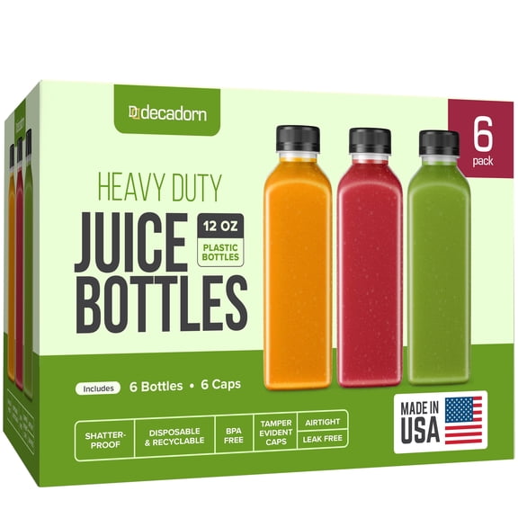 DECADORN 12 oz Plastic Juice Bottles With Caps - 6 Pack MADE IN USA Juicing Bottles Reusable - Juice Container For Fridge - Shatterproof, BPA-Free, Leak proof, Disposable & Recyclable