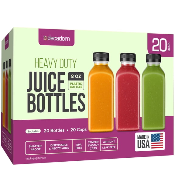 DECADORN 8oz Plastic Juice Bottles - 20 pack with Tamper Evident Caps - Reusable Juicing Bottles Made in USA