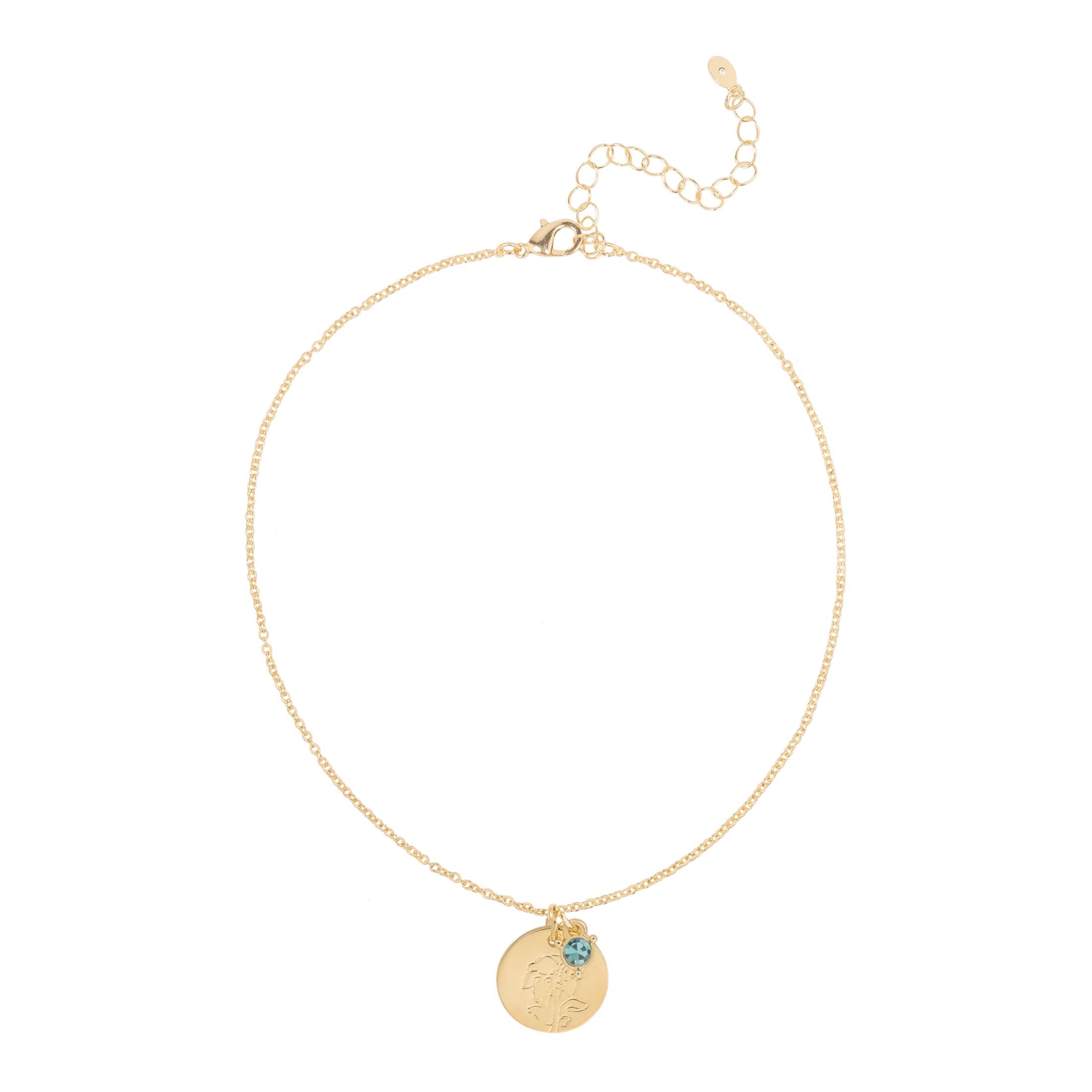Time and Tru Women’s December Birthstone Necklace, Gold‑Tone Chain with Aquamarine Stone & Narcissus Flower