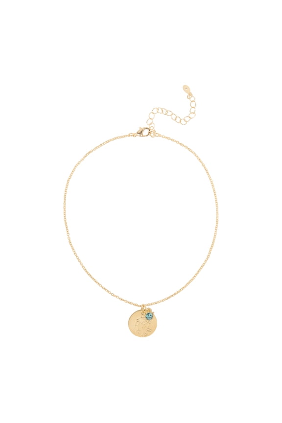 Womens December Birthstone Necklace, GoldTone Chain with Aquamarine Stone & Narcissus Flower