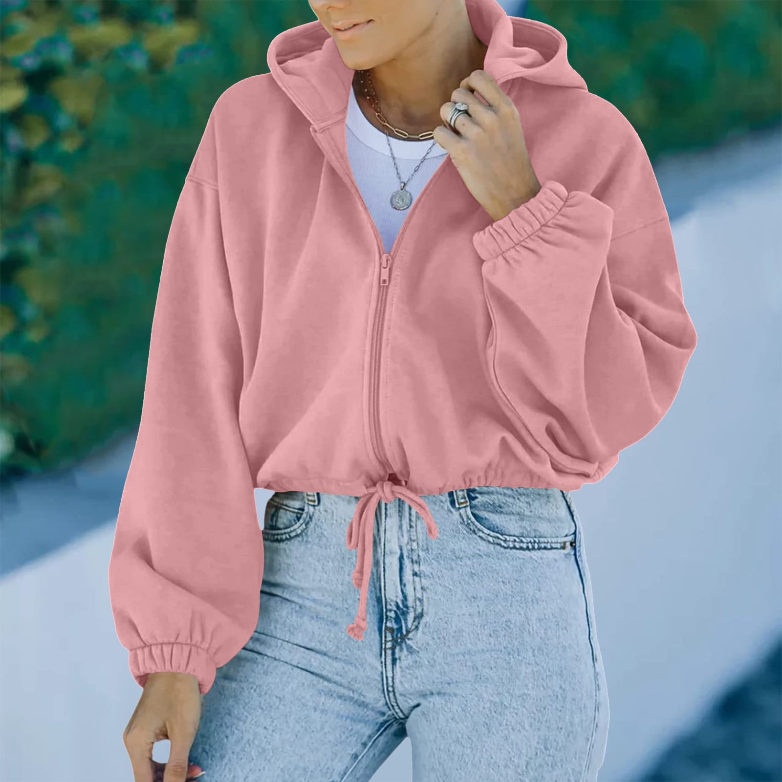 DECILRO Jackets for Women Trends Women Crop Top Sweatshirt Fleece Zipper  Long Sleeve Cropped Hoodie Solid Sweater Blouse Coat Pink XXL - Walmart.com
