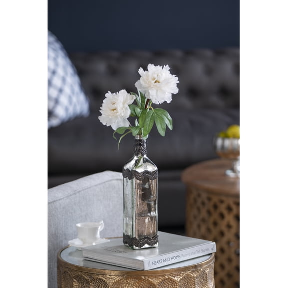 DECMAY 12" Antique Silver Glass Bottle Vase with Bronze Leaf Accents Decorative Tabletop Decor