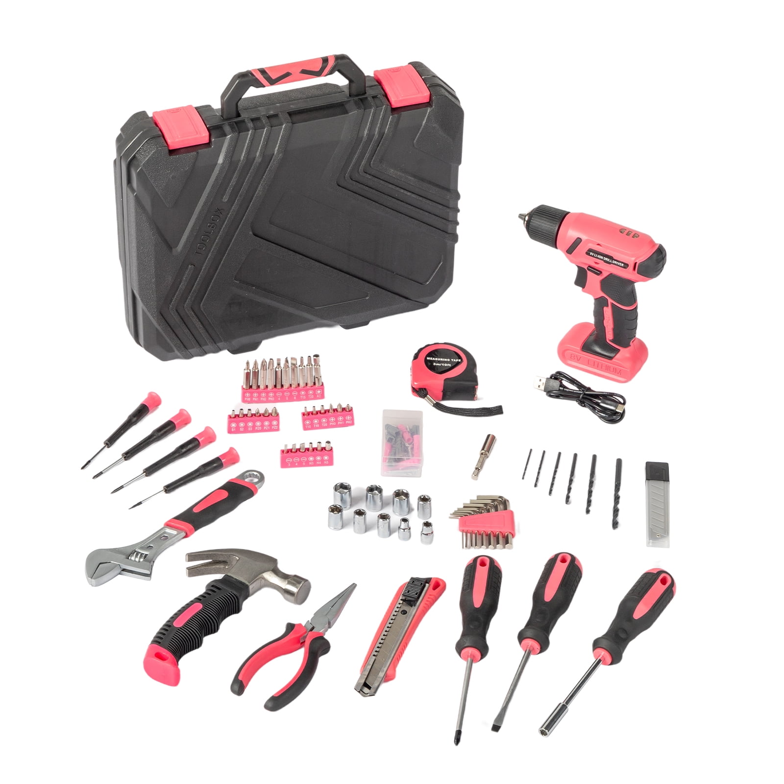 DECMAY 146-Piece Drill Set with 8V Pink Cordless Drill, Home Tool Kit with Drill, House Repairing Hand Tool Kits with Portable Case, for DIY Home Maintenance