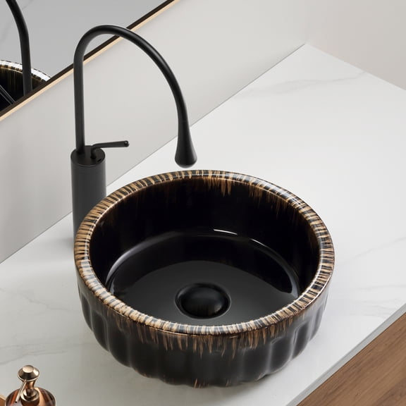 DECMAY 15" x 15" Black Ceramic Vessel Sink | Above Counter Small Bowl Bathroom Sink with Glossy Finish, Easy Top-Mount Installation (Faucet & Drain Not Included)