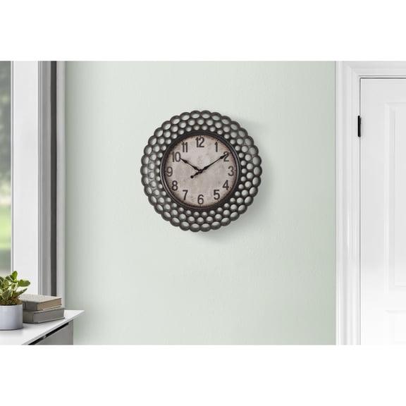 DECMAY 16" Round Dark Brown Wall Clock - Non-Ticking Quartz Clock with Cut-Out Frame for Home Decor