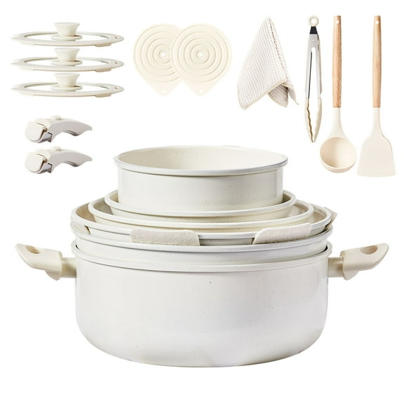 DECMAY 22-Piece Cream White Non-Stick Cookware Set with Removable Handles & 28cm Stock Pot