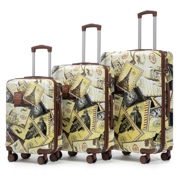 DECMAY 3-Piece PC Spinner Luggage Set 20"/24"/28", Hard Shell Suitcase with 360° Wheels, Telescopic Handle & TSA Lock, Coffee Iron Tower Pattern