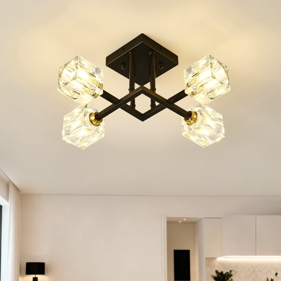 DECMAY 4-Light Crystal Flush Mount Ceiling Light - Matte Black Metal Frame Ceiling Lamp with Carved Lattice Shade for Bedroom Living Room Hall Balcony (LED Bulb Recommended)